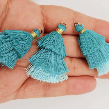 Blue Small Cotton Tassels in Three Layers With Gold Colour Brass Loop Ring, Tassel Charms x 5